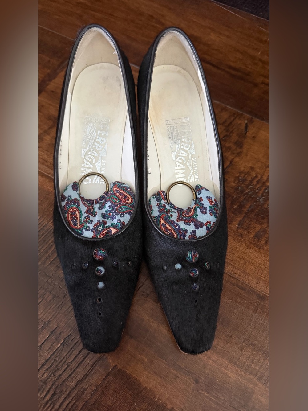 Salvatore Ferragamo Black Haircalf Pointed Flats with Paisley Accents
